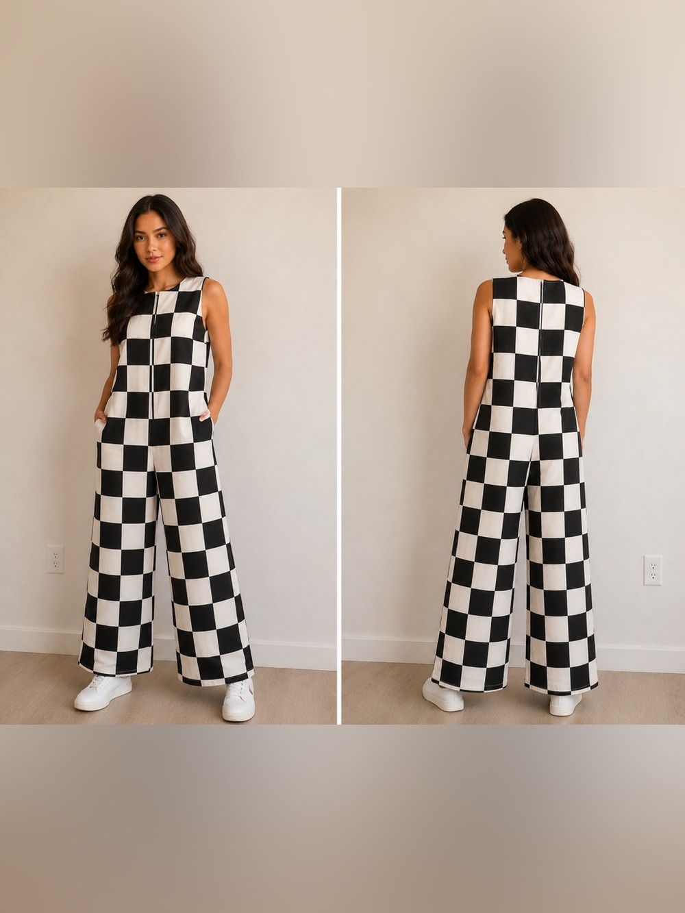 Black & White Checkered Wide-Leg Jumpsuit
